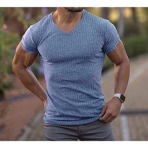 Athletic Mens Casual Workout Muscle V-Neck T Shirt Light Blue Size S
